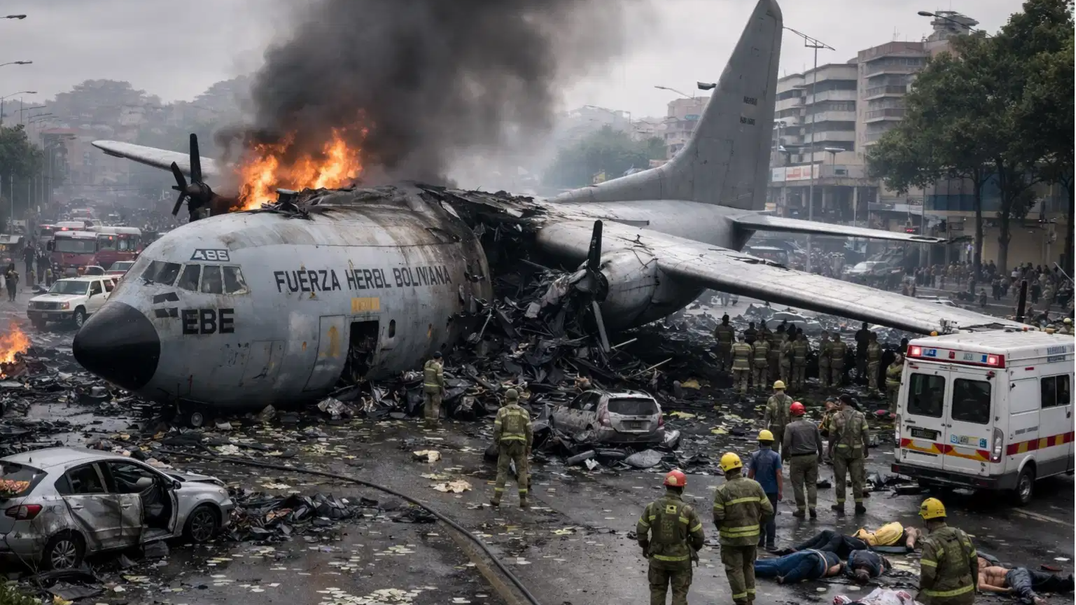 Bolivian Air Force plane skids off runway into busy avenue, 15 dead and 30 injured