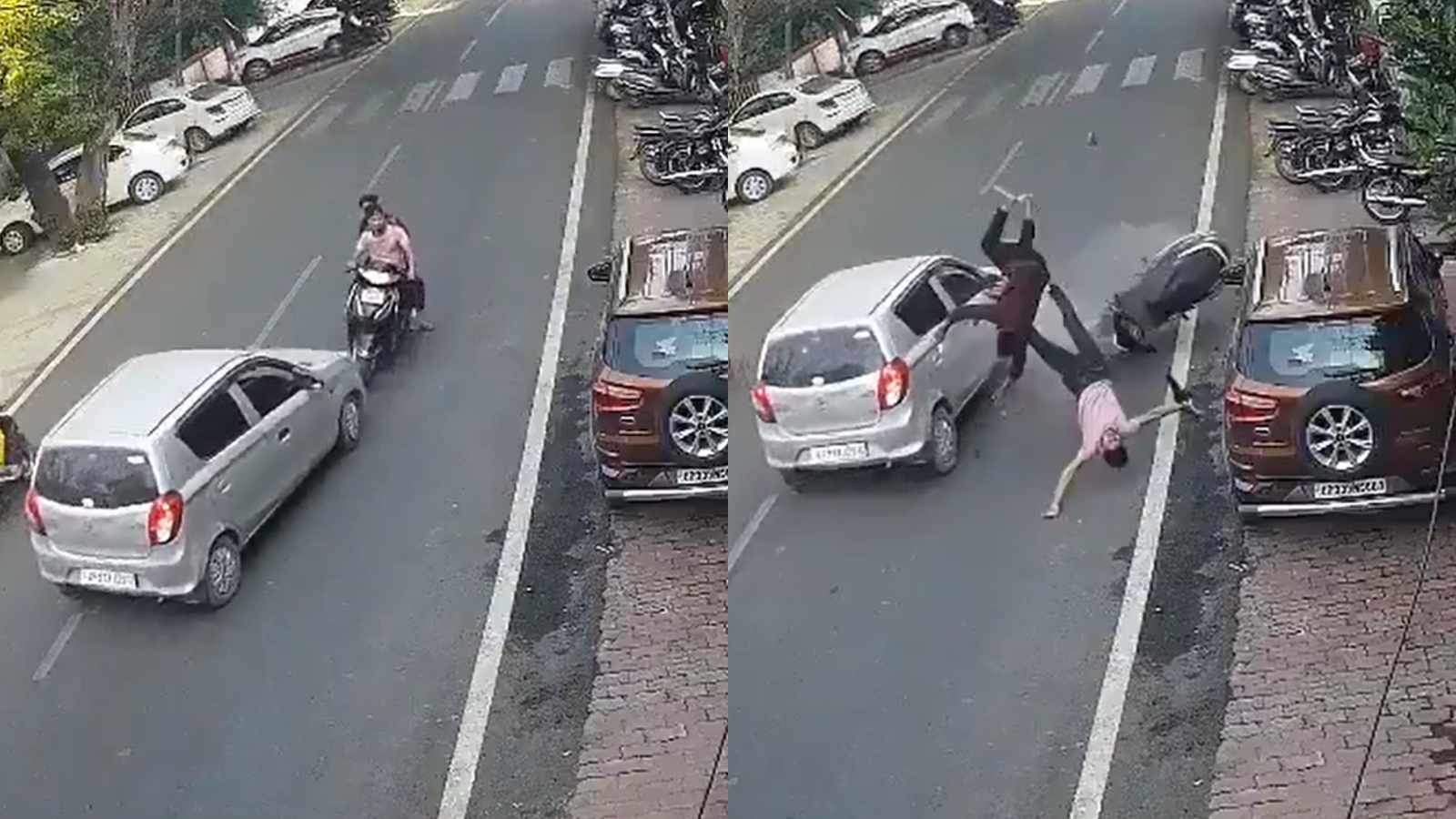 CCTV footage shows speeding car throwing two men off scooter in Jhansi | WATCH