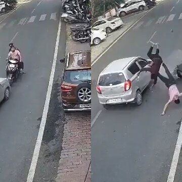CCTV footage shows speeding car throwing two men off scooter in Jhansi | WATCH