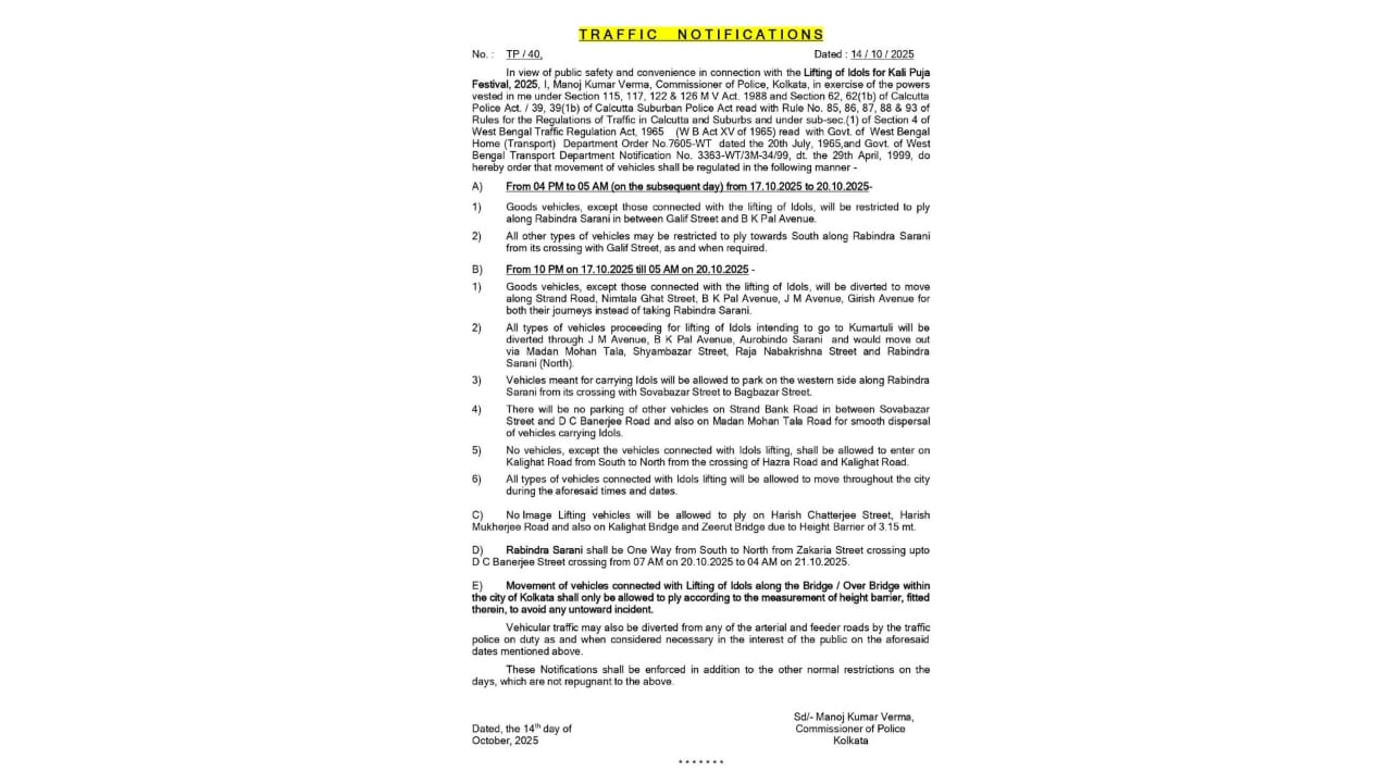 Kolkata Traffic Police issues advisory regarding lifting idols ahead of Kali Puja