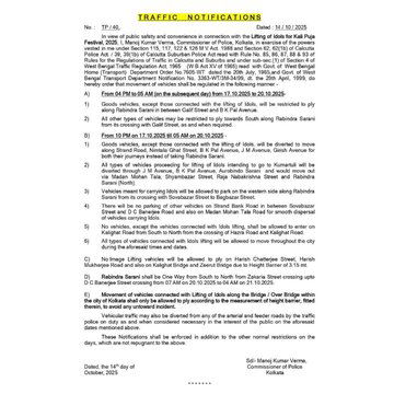 Kolkata Traffic Police issues advisory regarding lifting idols ahead of Kali Puja