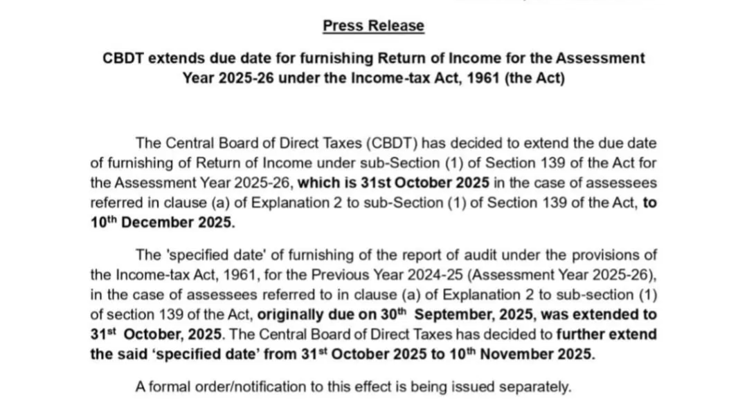 CBDT extends income tax return filing deadline following High Court's direction