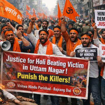 Bajrang Dal and Vishwa Hindu Parishad broke out in protests after a man was beaten to death during Holi in Uttam Nagar, Delhi,