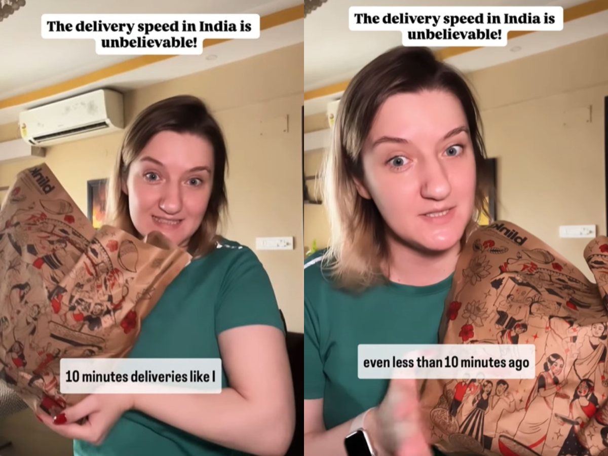 Ukrainian woman with BlinkIt packet in hand wonders how they can deliver it in just 10 minutes: Watch viral video