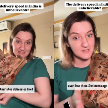 Ukrainian woman with BlinkIt packet in hand wonders how they can deliver it in just 10 minutes: Watch viral video