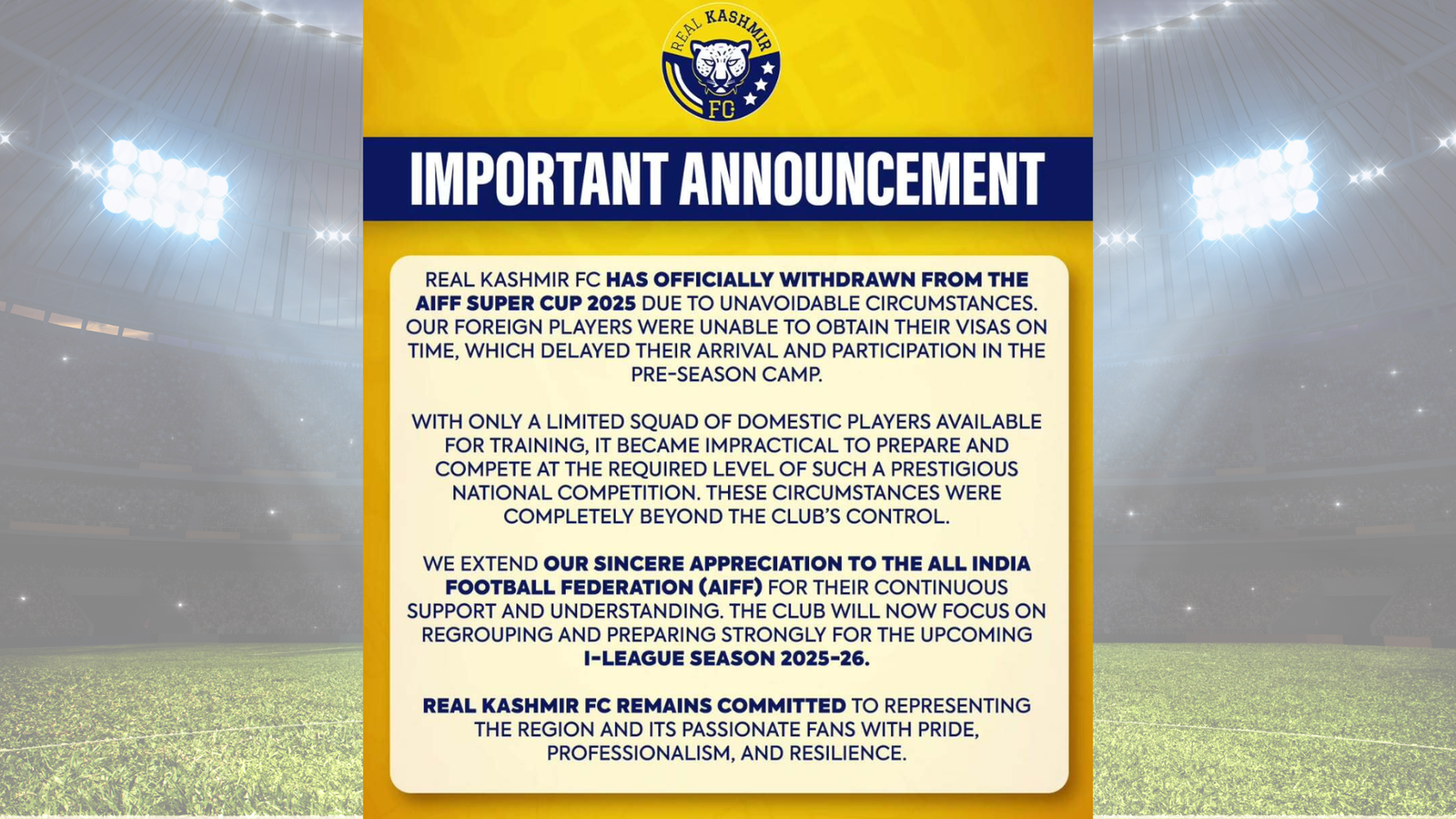 Real Kashmir FC withdraws from upcoming AIFF Super Cup citing in a surprising move, here’s the reason why