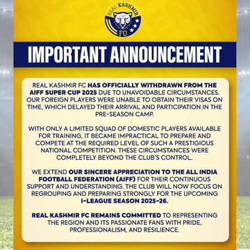 Real Kashmir FC withdraws from upcoming AIFF Super Cup citing in a surprising move, here’s the reason why