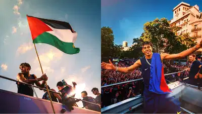 Barcelona wonderkid Lamine Yamal waves Palestine flag during La Liga title parade
