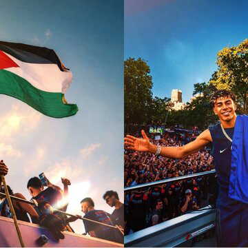 Barcelona wonderkid Lamine Yamal waves Palestine flag during La Liga title parade
