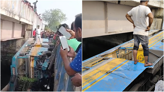 राजारहाट में बड़ा हादसा, डिवाइडर तोड़ती हुई बस जा गिरी नहर में - कई घायल