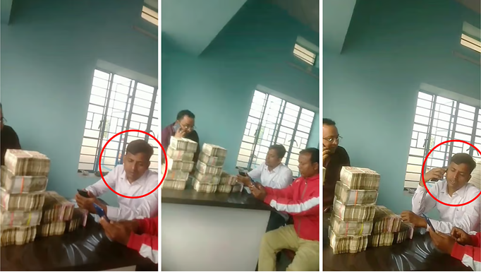 टेबल पर नोटों के बंडल का पहाड़ : सामने बैठे तृणमूल नेता ग्यासुद्दीन मंडल, सोशल मीडिया पर वीडियो वायरल
