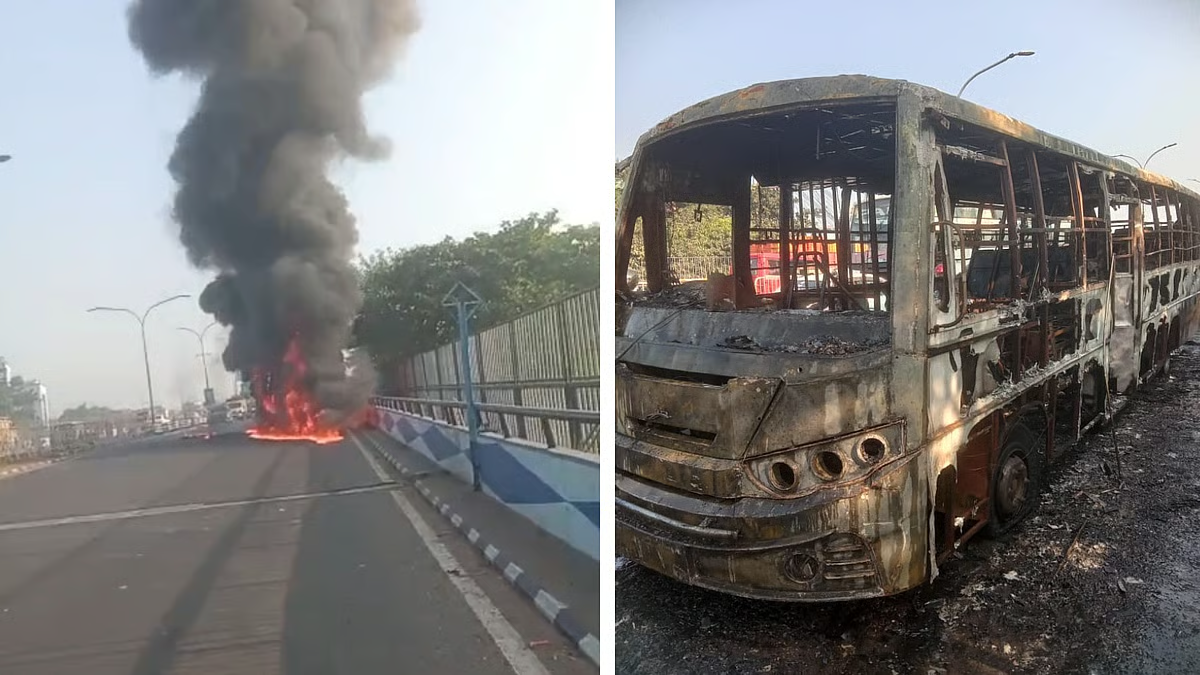 विद्यासागर सेतु पर निजी यात्री बस में लगी आग, ट्राफिक जाम, यात्री बेहाल