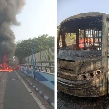 विद्यासागर सेतु पर निजी यात्री बस में लगी आग, ट्राफिक जाम, यात्री बेहाल