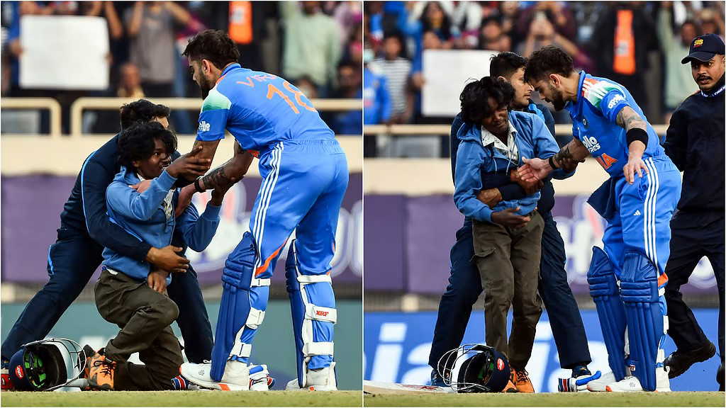 सुरक्षा गार्डों की कमजोरी का फायदा उठाकर मैदान में घुसा एक प्रशंसक, विराट के पैर पर गिर गया