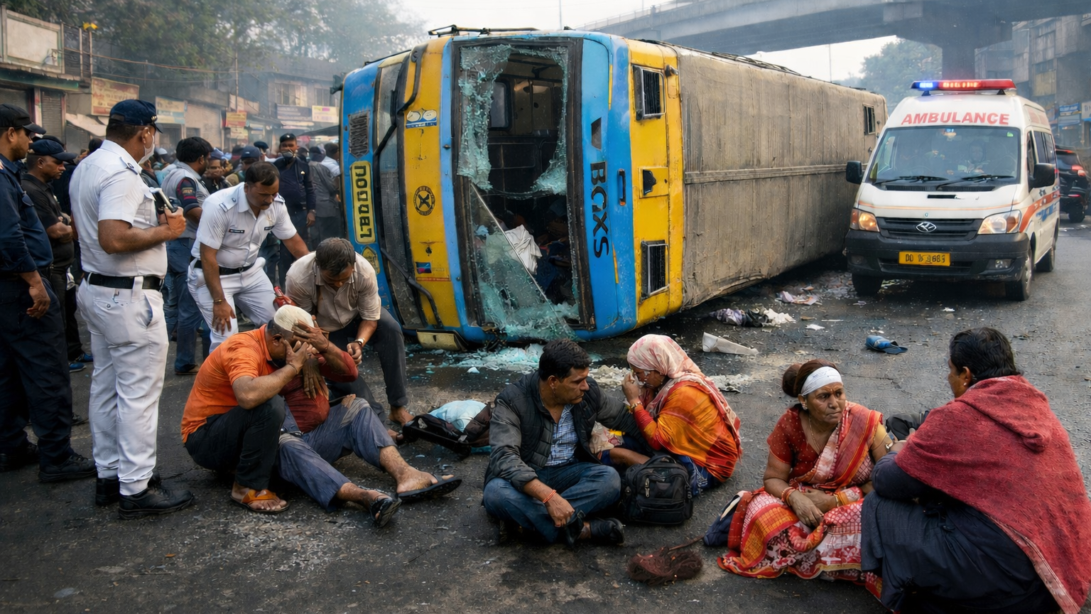 तपसिया में बस पलटी, कम से कम 12 घायल