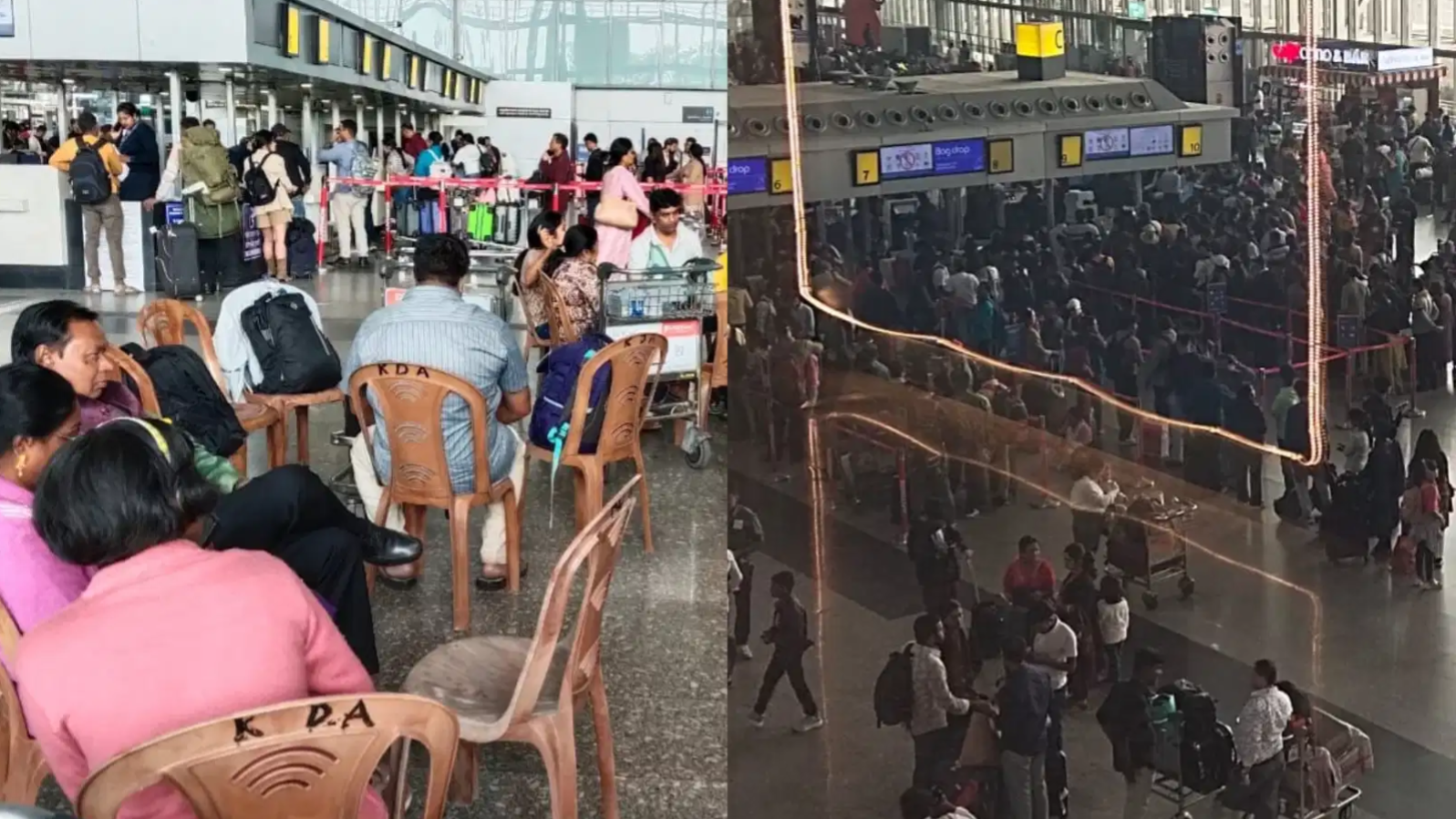 IndiGo : एयरपोर्ट पर दिख रहा स्टेशन जैसा नजारा, प्लास्टिक की कुर्सी पर बैठकर यात्री खा रहे वेज बिरियानी