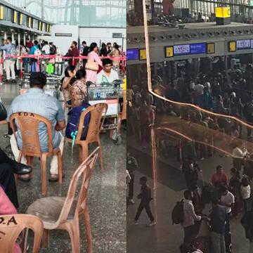 IndiGo : एयरपोर्ट पर दिख रहा स्टेशन जैसा नजारा, प्लास्टिक की कुर्सी पर बैठकर यात्री खा रहे वेज बिरियानी