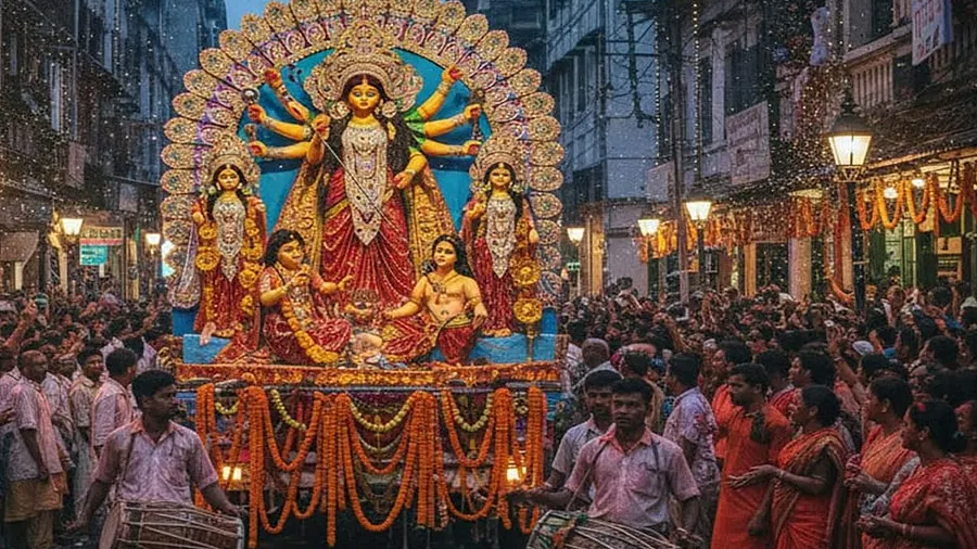 बैटरी चालित खिलौने ट्रक पर सवार होकर बच्चों के पास पहुंच रही हैं मां दुर्गा