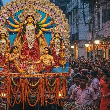 बैटरी चालित खिलौने ट्रक पर सवार होकर बच्चों के पास पहुंच रही हैं मां दुर्गा