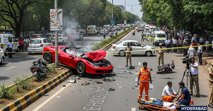 हैदराबाद में तेज रफ्तार बेकाबू फरारी खंभे से टकरायी, कई गाड़ियां क्षतिग्रस्त, 3 घायल