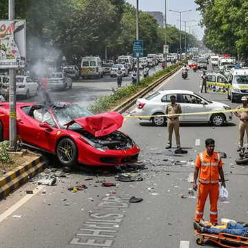 हैदराबाद में तेज रफ्तार बेकाबू फरारी खंभे से टकरायी, कई गाड़ियां क्षतिग्रस्त, 3 घायल