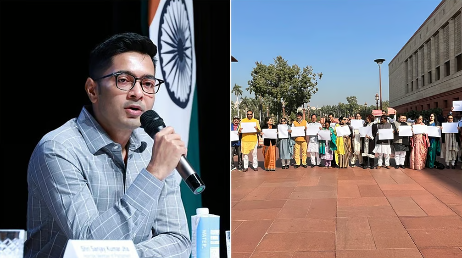 अभिषेक की मांग के 646 दिन बाद भी जारी नहीं हुआ ‘श्वेतपत्र’, मनरेगा और आवास योजना में बकाये को लेकर संसद परिसर में तृणमूल का प्रदर्शन